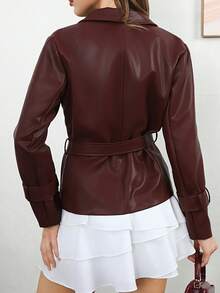 女士咖啡棕色皮革腰带休闲通勤夹克，平翻领单排扣时尚皮衣，秋冬 - 棕色 - 查看 9