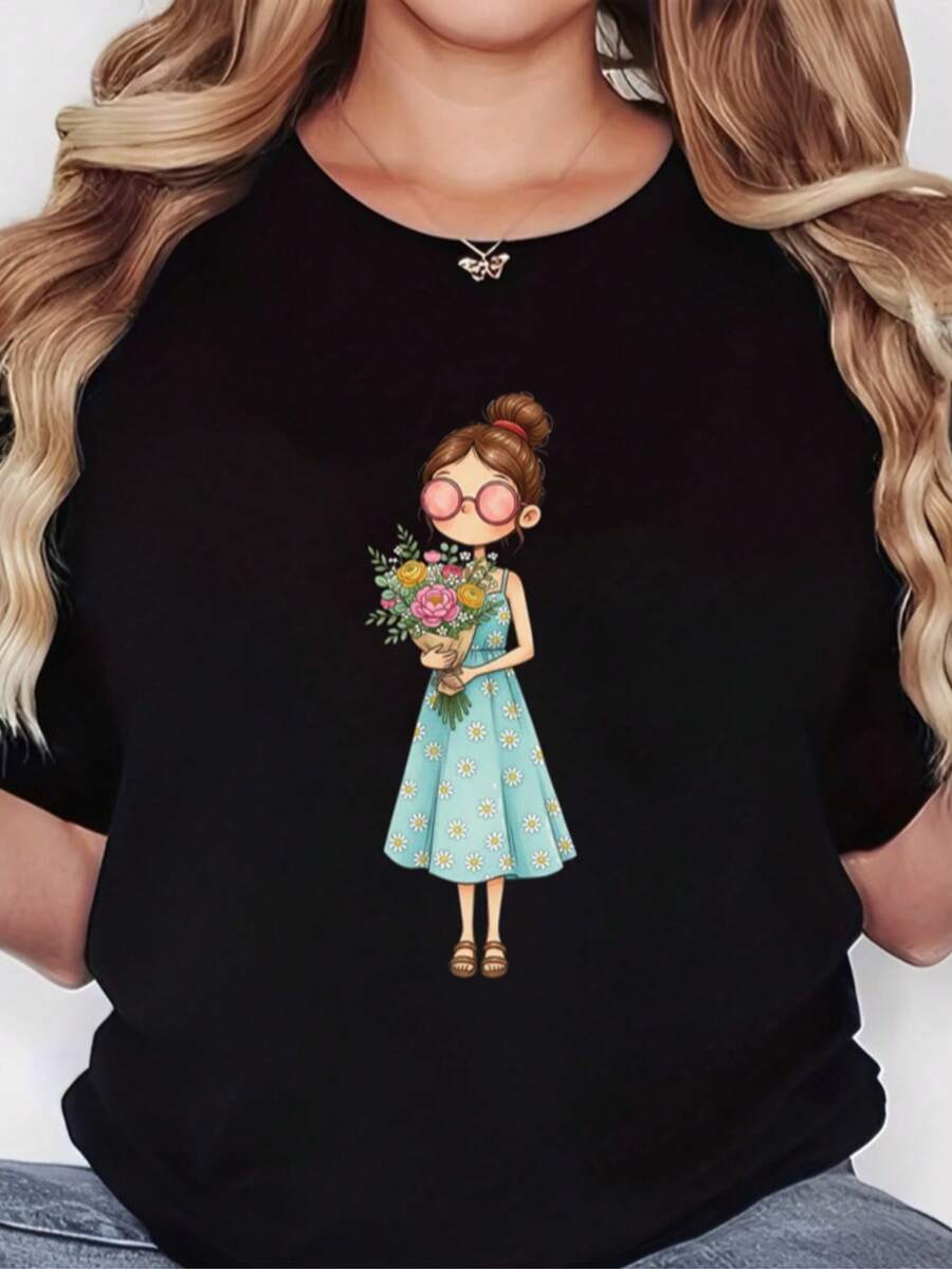 Camiseta Feminina de Gola Redonda Estampada com Menina Flores, Moda T-shirt Feminina com Estampa de Menina Flores, Camiseta Casual De Manga Curta, Promoção Blusinha Feminina, Conforto para Todas as Estações - Preto - Visão 1