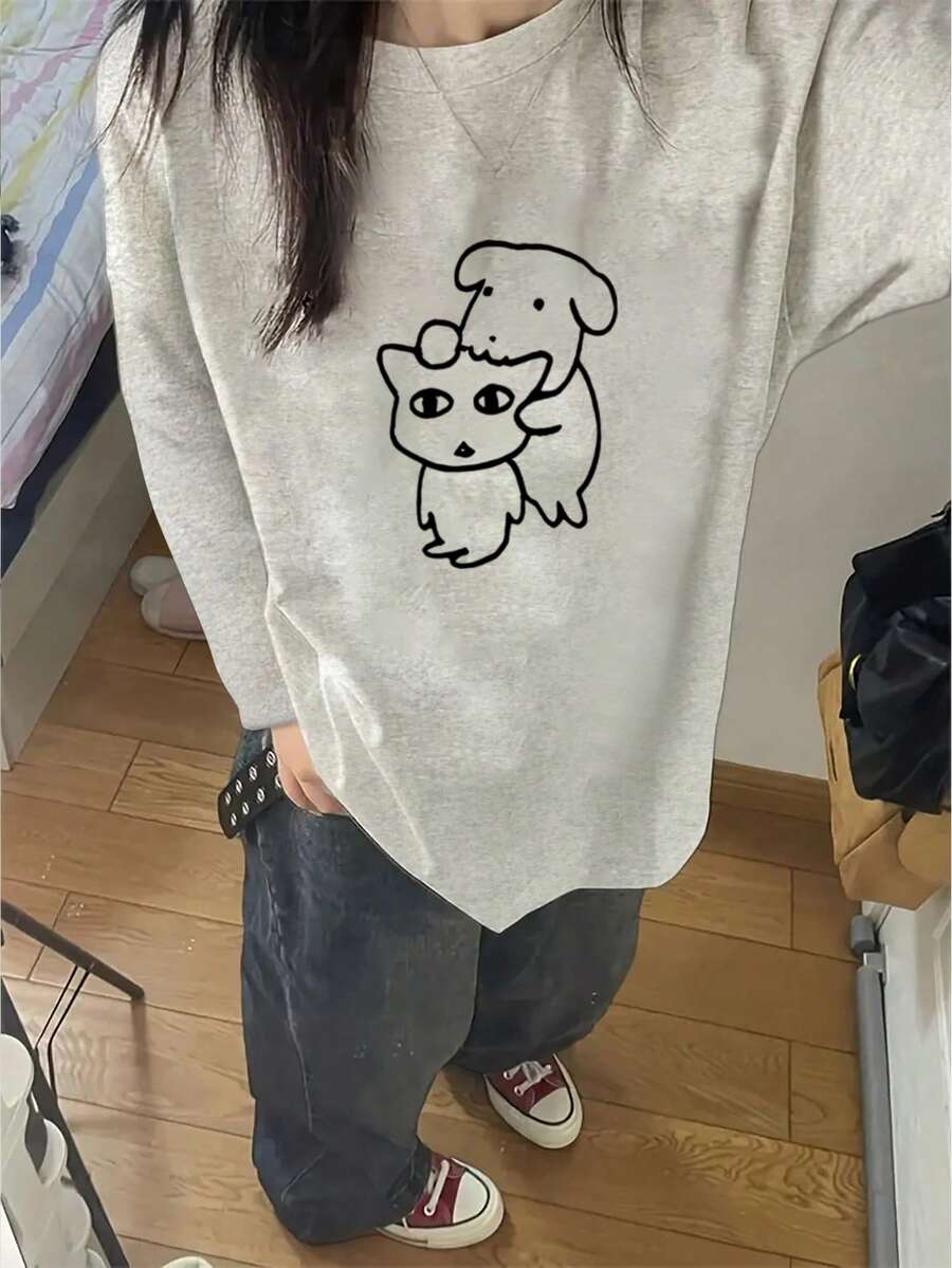 Women's Casual Loose Fit Cartoon Print Round Neck Long Sleeve T-Shirt, Fashion & Versatile, Spring/Autumn - Light Gray - View 1