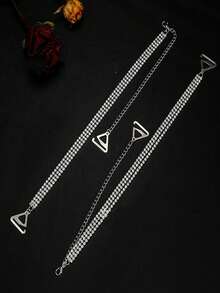 2pcs Set New Arrival Triple Row Rhinestone Bra Shoulder Straps, Luxury Fashion Shoulder Chain, Bridal Wedding Accessory, Showcases Your Beautiful Back, Matching Strapless Dress - Silver - View 7