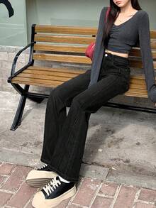 修身复古喇叭弹力牛仔裤，女式及地长裤 - 黑色 - 查看 5