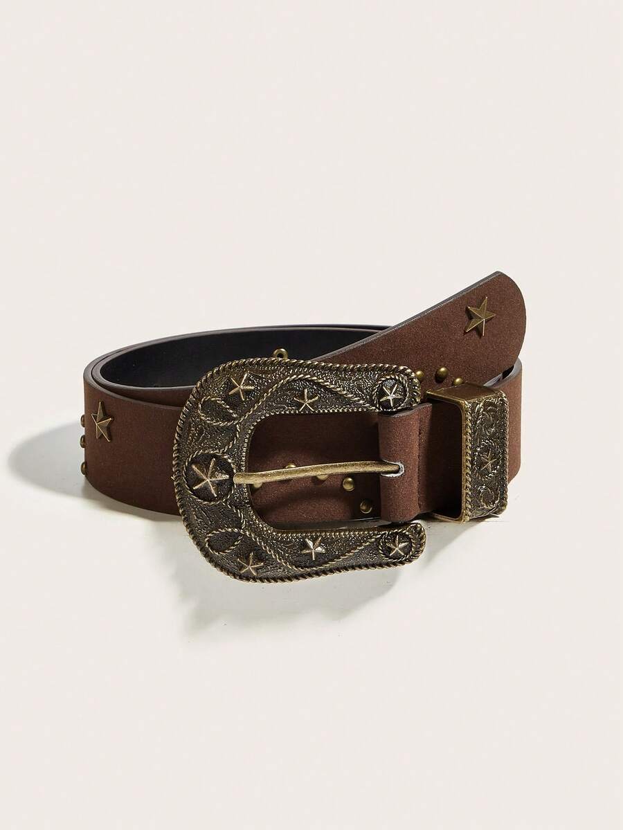 1pc New Brown Star Shaped Rivet Decor Vintage Copper Star Buckle PU Leather Belt, High-End Streetwear Style, Suitable For Jeans, Travel And Daily Wear - Brown - View 1