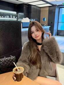Women's New Faux Fur V-Neck Coat, Minimalist Furry Jacket, Autumn/Winter - Mocha Brown - View 3