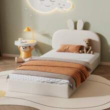 Upholstered Children's Bed With Rabbit Headboard, Wooden Slatted Base, Single Bed, Beige Velvet, 90 X 200 Cm - Beige - View 8