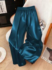 1pc Solid Color Woven Fabric Drawstring Waist Pants, Suitable For Holiday, School, Party, Airport, Stage And Concert Wear, Autumn/Winter With Shiny Finish Spring - Lake Blue - View 2