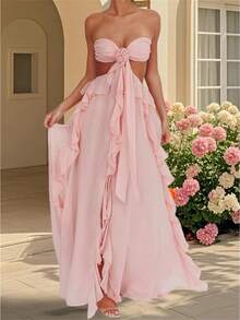 Women's Cutout Ball Gown Sleeveless Tie Back Solid Color Ruffle Long Dress Summer Party Dress - Pink - View 1