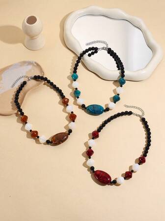 Set de 3 collares de cuentas ovaladas con efecto golpeado de resina, estilo retro y punk, adecuado para que las damas lo usen a diario y en días festivos