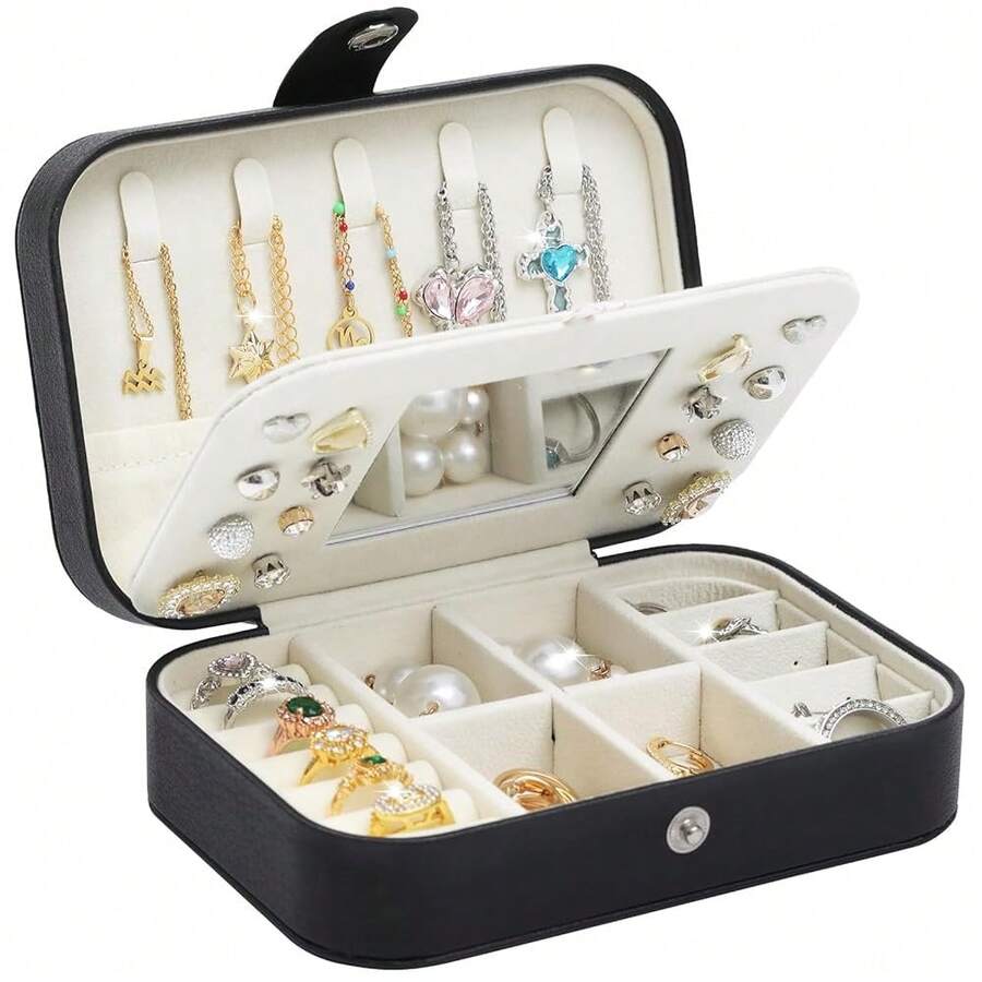 Travel Jewelry Case With Mirror, Small Jewelry Box For Women, Portable Jewelry Organizer Travel, Black Travel Jewelry Case Organizer For Necklaces, Earrings, Bracelets, Lover Gift For Men Women,Black - 黑色的 - 查看 1