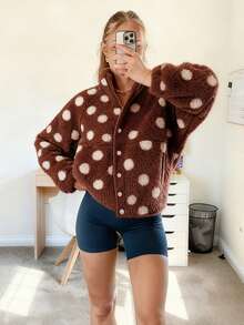 Womens Fall Winter Fleece Jacket Dot Pattern Long Sleeve Lapel Button Down Sherpa Coat - Multicolor - View 2