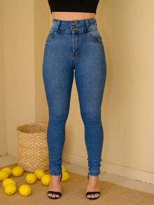 New Vintage Effect Jeans With High, Wide Waistband And 2 Front Buttons, Butt-Lifting Design, Vintage Effect, Butt Lifting Design. - Rửa trung bình - Xem 2