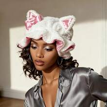 Update Kitty Teddy Bonnet – Adjustable Satin-Lined Hair Bonnet With Cute Cat Ears, No-Frizz Curl Protection, Comfortable & Stylish Daily Hair Care, Durable Halloween Cute Sleep Cap - kitteearbonnet - 查看 2