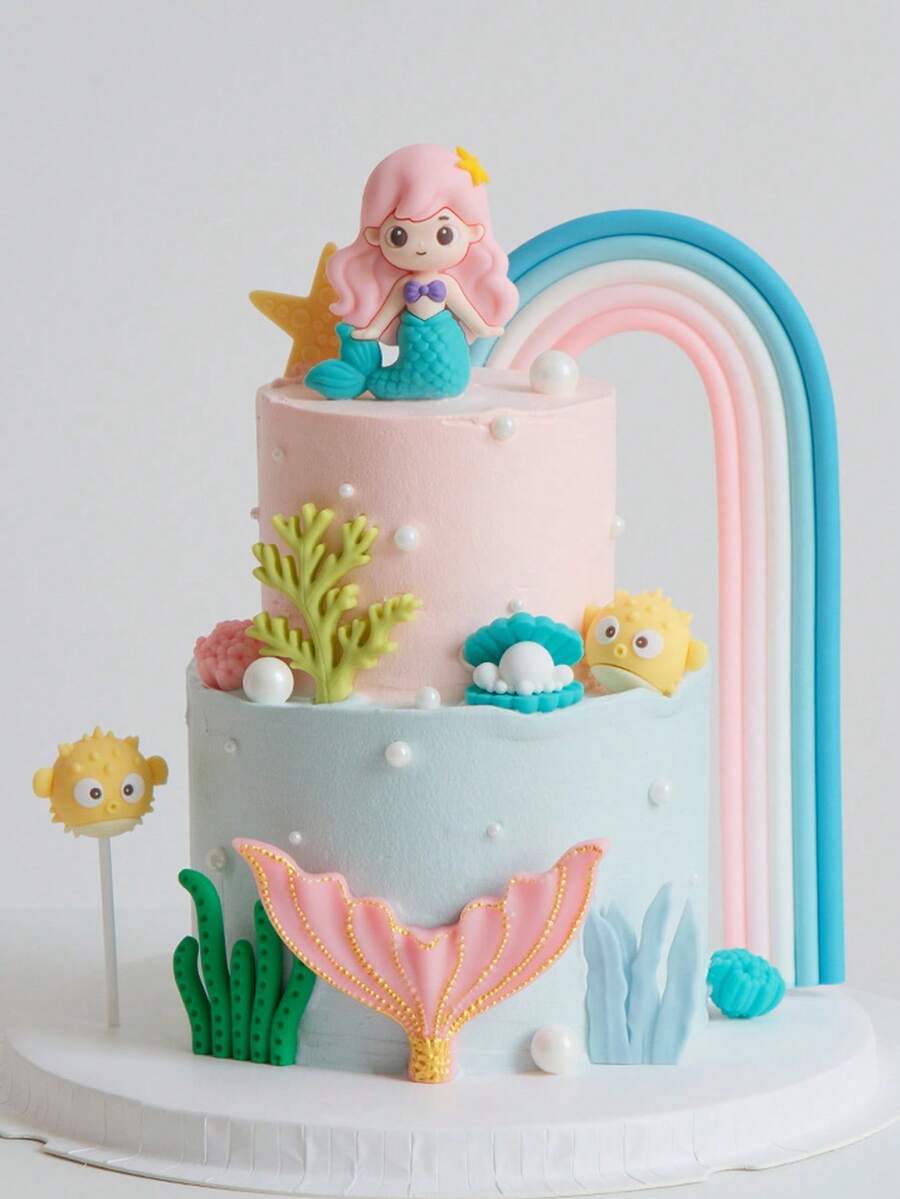 1pc Children's Birthday Cake Decor - Mermaid Rainbow Tail, Shell Castle ...