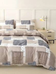 2/3pcs Bohemian Style Patchwork Duvet Cover Set, Khaki Brown Floral Plaid Design, Soft & Skin-Friendly Polyester Fabric, Zipper Closure, Suitable For All Seasons, Good Breathability, Applicable For Bedroom And Guest Room, Ideal For Holiday Gifts. - Camel - View 5