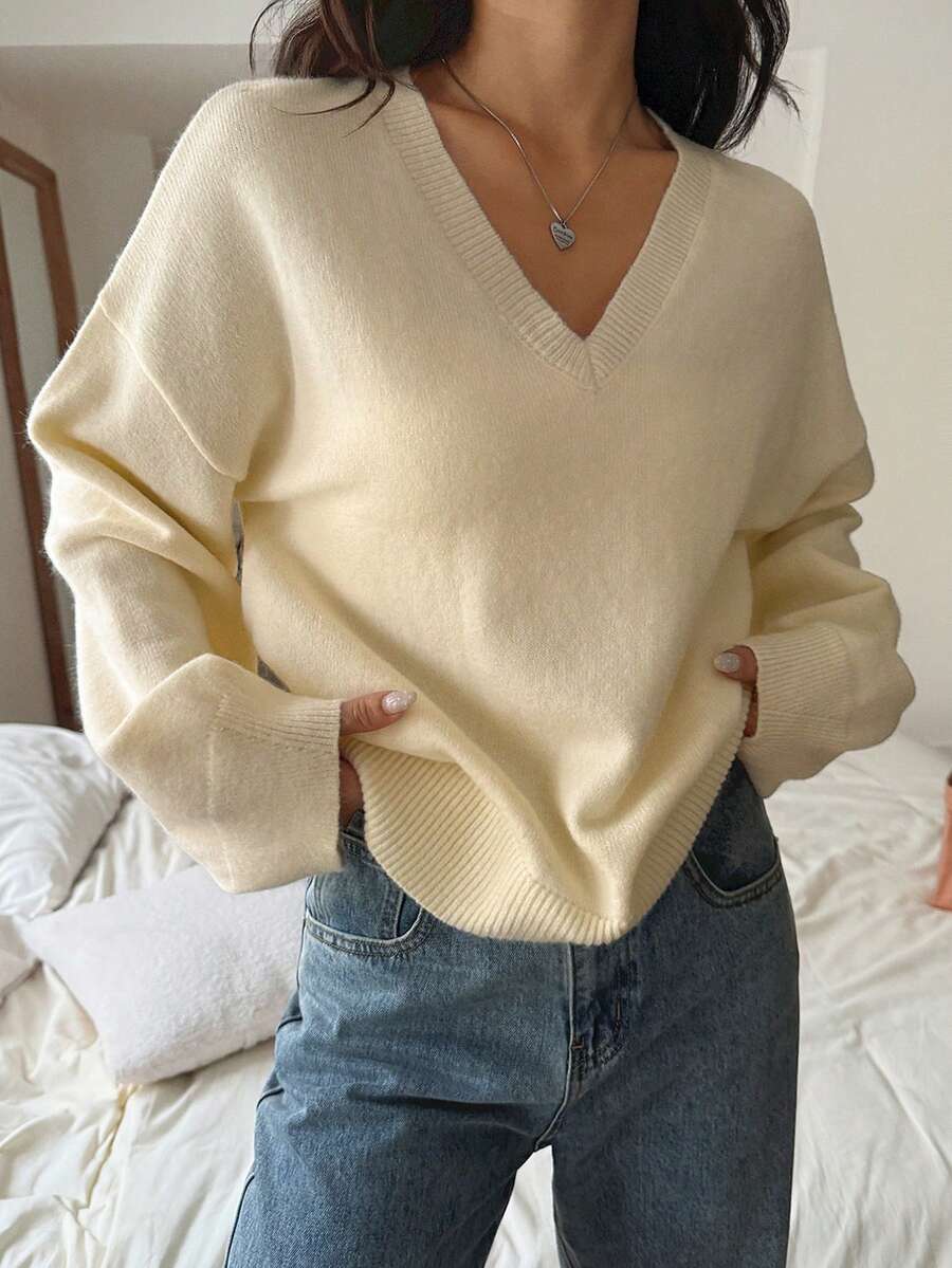 Pull tricoté à col V, manches longues, automne pour femmes. Vêtement décontracté et mignon - Blanc - Voir 1