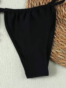 女士黑色金属扣挂脖比基尼，性感火辣风格，沙滩度假两件式泳衣，2026春夏款 - 黑色 - 查看 5