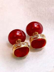 1 Pair Front & Back Style Emerald Crystal & Faux Pearl Stud Earrings, Elegant & Versatile For Women