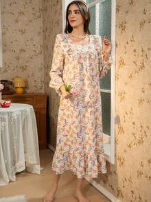RS Pajama1 Square Neck Bows Long Sleeves Contrast Lace Romantic Floral Print Green Nightgown For Women - Mint Green - View 5