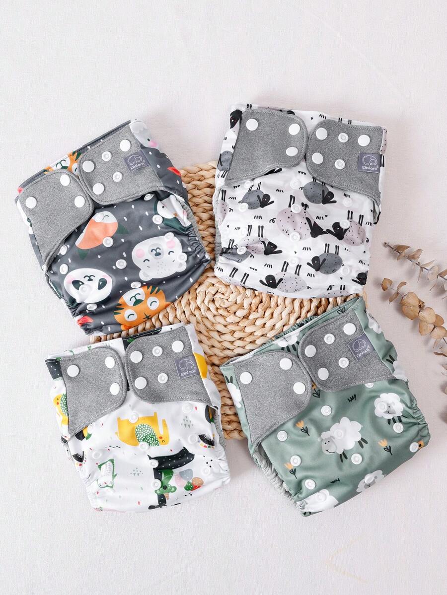 4 chiếc tã vải có thể điều chỉnh kích thước, tái sử dụng, tã em bé unisex, có thể giặt được - Nhiều màu - Xem 1