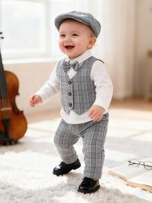 Baby Boy Grey Plaid Gentleman Outfit - Long Sleeve White Shirt + Plaid Vest + Plaid Pants, Paired With Bow Tie & Beret Hat, Soft & Skin-Friendly Material, Formal Wear For Spring/Autumn Occasions - Grey - View 1