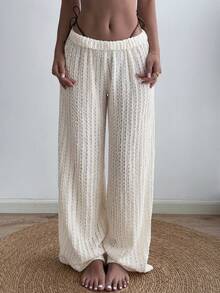 女士休闲纯色奶油色纹理透视性感提花宽松长裤，适合夏季度假、海滩、运动、日常穿着、情人节约会 - 杏色 - 查看 4