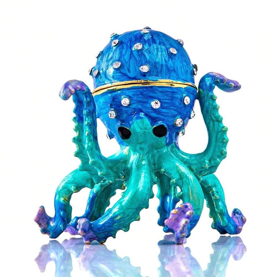 YU FENG 2.5'' Hand-Painted Enamel Octopus Jewelry Trinket Box Hinged Jewelry Organizer With Crystals Ring Earring Storage Box Blue Sea Animal Figurine Keepsake Collectible Christmas Gift,Octopus - Octopus - 查看 1