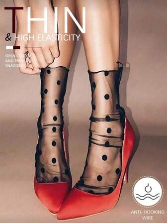 1 Pair Of Ladies' Stockings, Transparent Mesh Stockings, Thin Black Socks, Classic Polka Dot Elements, Selected Light Mesh Materials, Retro And Fashionable.