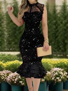 无袖蕾丝拼接性感纯色优雅美人鱼荷叶边下摆闪亮派对连衣裙，适合秋季、返校、音乐会、返校节、圣诞节、婚礼、生日、性感夜店装扮。 - 黑色 - 查看 3