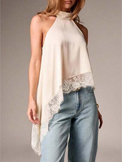Women Satin Halter Top- High Neck Sleeveless Blouse With Lace Trim Asymmetrical Hem Elegant Party Shirt