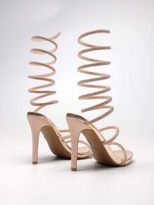 Sandalias de tacón alto con puntera abierta y decoración de strass, tacones altos de fiesta con espiral envolvente cómodos para fiestas, bodas y bailes - Champán - Ver 2