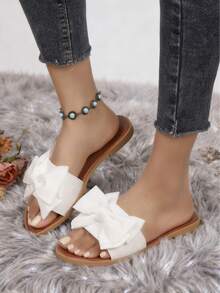 2026 Fashion And Comfortable Fabric Bow Artificial Leather Thickened Midsole Comfortable Square Toe Slippers - White - View 2