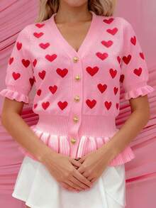 Womens Valentines Knit Cardigan Stylish Love Heart Pattern Ruffled Hem Button Down V Neck Half Sleeve Sweater Jacket - Pink - View 3