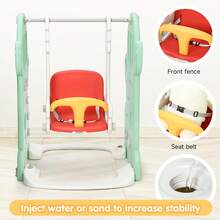 Tobogán infantil 7 en 1 con columpio y aro de baloncesto - Juego de exterior e interior para niños - Parque infantil con trepador y campo de fútbol y golf - Verde - Ver 3