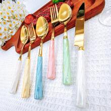 8/20pcs Golden Unique Stainless Steel Tableware, Beautiful Silverware Old-Fashioned Elegant Colorful Ceramic Handle Steak Knife, Dessert Spoon, Fork And Spoon - Multi-Color Creative Tableware Porcelain, Perfect For Daily Dining And Holiday Gatherings