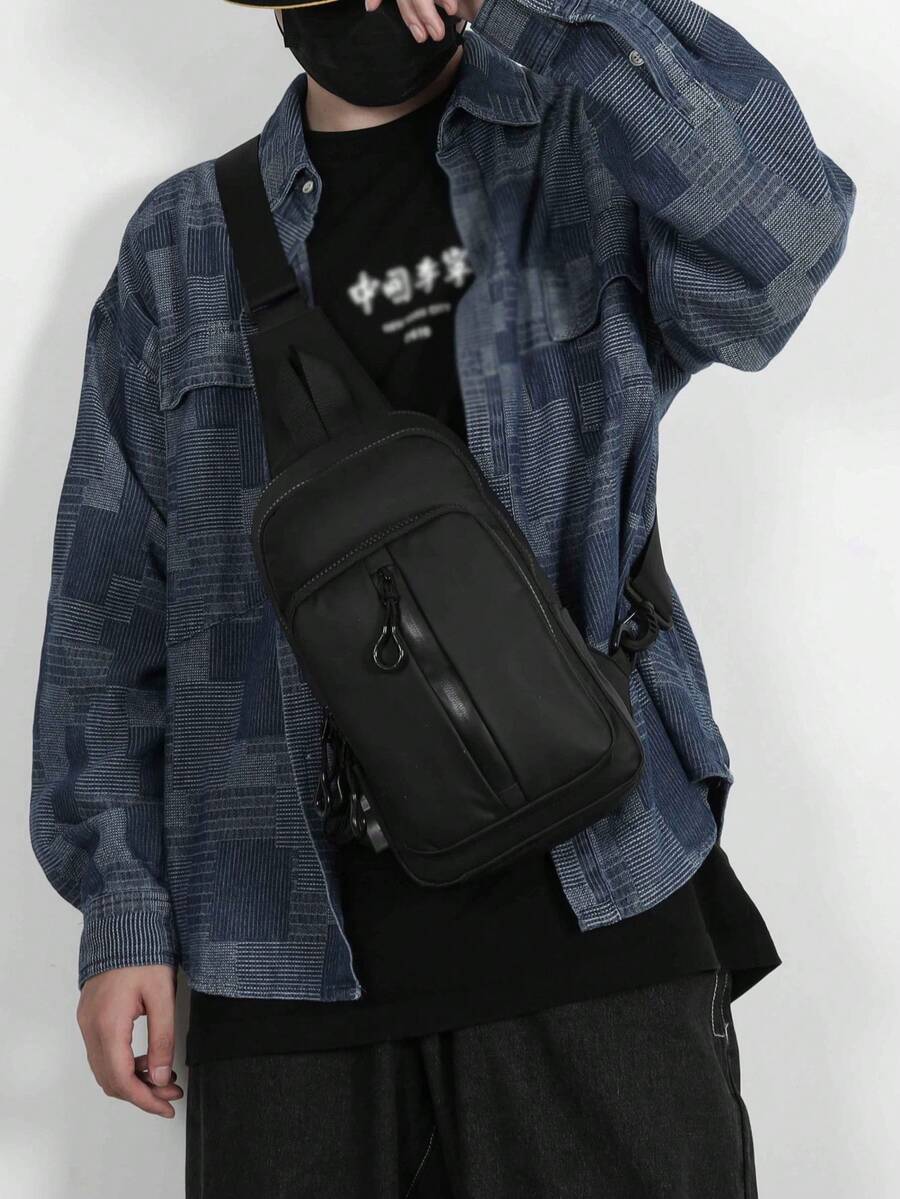 1个男士黑色尼龙胸包，时尚百搭日常通勤胸包 - 黑色 - 查看 1