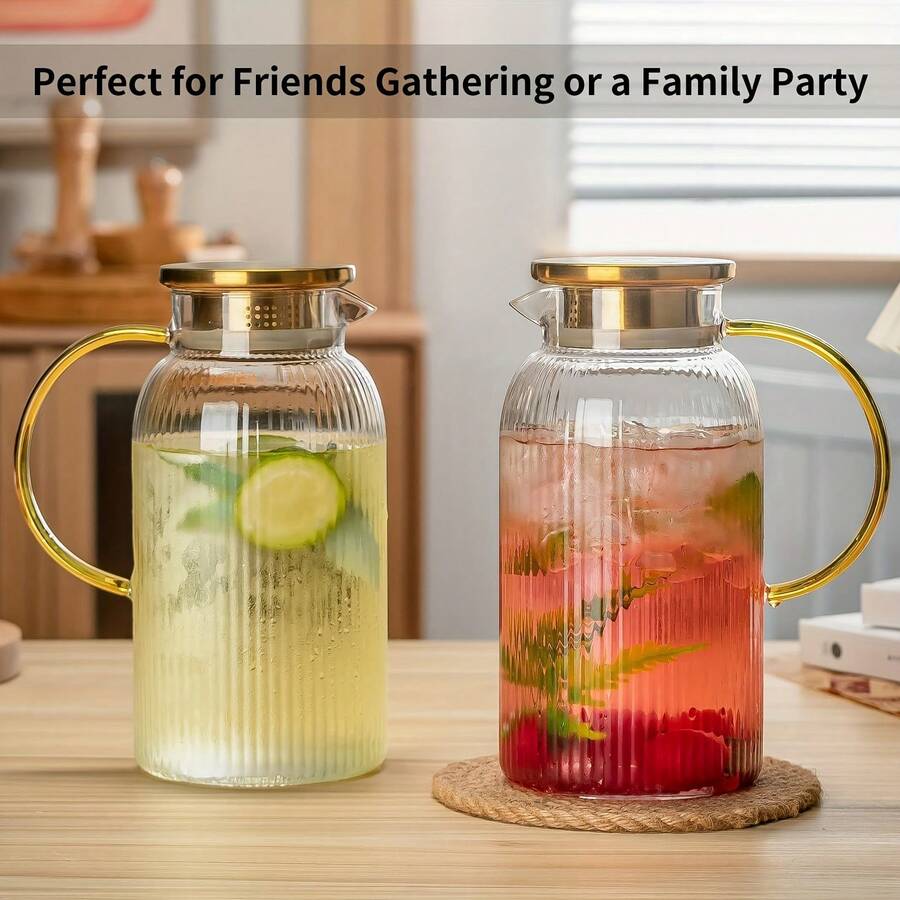 2-Piece With Lid Glass Water Bottle, 68-Ounce Classic Vertical Striped Water Bottle, Suitable For Cold Brew Coffee, Lemonade, Iced Sun Tea, Beverages, Heat-Resistant. It Is The Top Choice For Christmas, Halloween And Thanksgiving Gifts. Ice Tea Dispenser, Striped Glass Design, High-End Beverage Dispenser, High-Quality Water Bottle, Beverage Set, Glass Water Bottle Set, Coffee Lover, Tea Lover - 2個裝+刷子 - 查看 1