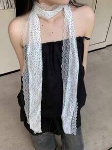 1pc White Polka Dot Lace Long Tie Neck Jewelry Summer With Thin Narrow Hairband Vintage Lace Lace Polka Dot Long Silk Scarf Women Spring Summer Fashionable Tie Decorative Neck Neck Scarf Fluttering Tape For Dress - White - View 7