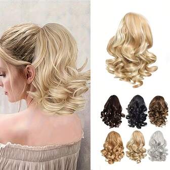 卷曲马尾夹式接发，抽绳休闲日常波浪卷合成纤维假发，可调节罗马卷马尾发片