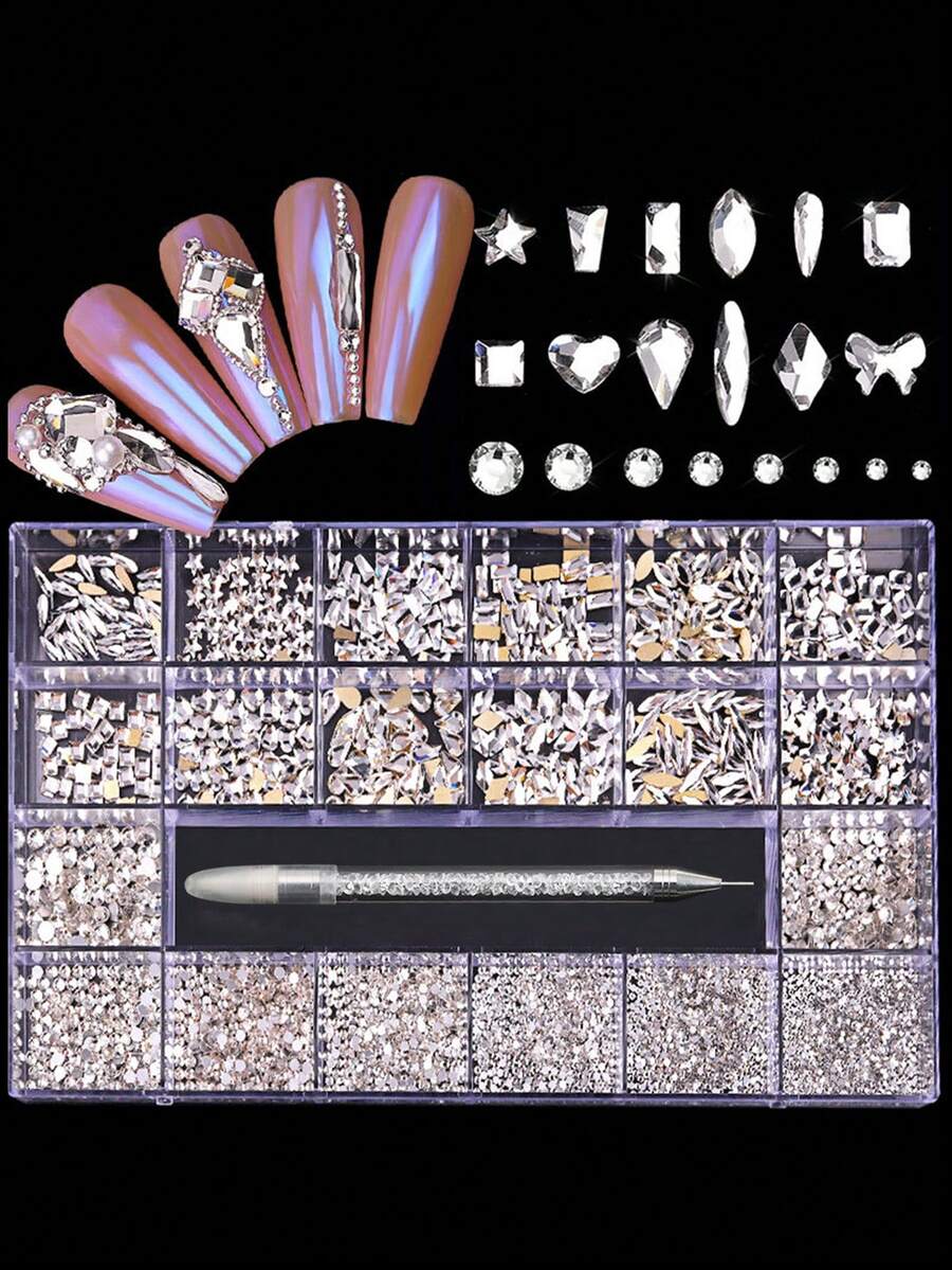 21-Frame Manicure Flat Rhinestone Set, 2500 Round Rhinestones And 600 Flat Special-Shaped Rhinestones, Multi-Shaped Rhinestone Rhinestone Set Box With Rhinestone-Stick Pen, Suitable For Nail DIY Decoration Nails Nail Gems - White - View 1
