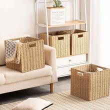 Handwoven Storage Basket, Large Capacity Multifunctional Storage Basket, Woven Cubic Storage Basket, Suitable For Living Room, Bedroom, Home Storage, Kitchen, Dorm, Office, Storage, Cosmetic Storage Box, Storage Box, Basket, Organization, Room Storage, Storage, Storage Box, Trash Can, Gift Basket, Gift Box, Gift Basket, Wall Cabinet, Home Decor, Kitchen Accessories - Khaki - View 3