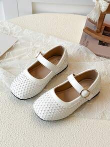 Girls' White Grid Rhinestone Mary Jane Flats, Adjustable Buckle Soft Sole Princess Party Shoes - White - View 3