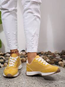 Women's Spring/Autumn New Slip-Resistant Soft Bottom Lace-Up Casual Sneakers, Retro College Style Minimalist Fashion Daily Life Shoes, Comfortable Running Shoes - Yellow - View 5