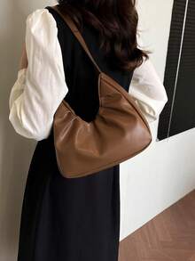 时尚单肩包，褶皱清新纯色手提包，腋下设计，春秋季 - 咖啡棕 - 查看 4