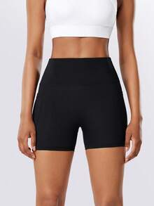 1pc Seamless High Waist Women Sports Shorts, With Side Pockets, Solid Color High Elasticity Compression Cycling Shorts, Suitable For Running, Pilates, Fitness, Yoga, Outdoor Cycling, Casual Wear - Black - View 4