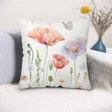 TOPSSCTR Set Of 4, Country Style Floral Throw Pillowcases 45 X 45 Cm - Flowers, Butterfly And Bee Pattern Printed, Comfortable 100% Polyester Pillow Covers For Sofa, Bed, Terrace, Garden, Farmhouse Decoration, Zippered Square Cushion Covers, Without Filling - Multicolor - View 6