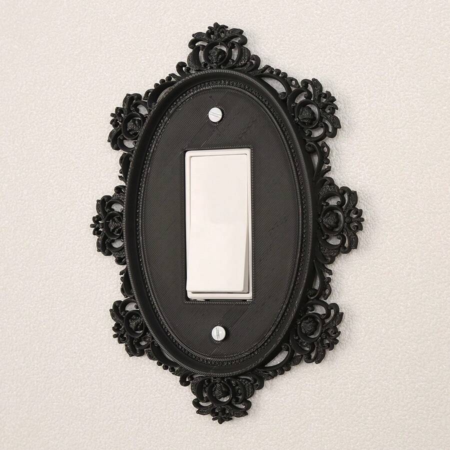 1个复古椭圆形雕花灯开关面板，哥特式艺术装饰墙控面板，家居暗色调照明墙面配件，附带螺丝，无需电源 - 黑色 - 查看 1