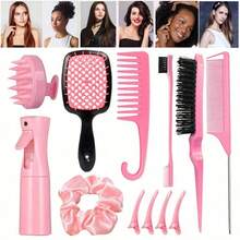 12 Pcs Hair Brush Set For Women, 200ML Transparent Spray Bottle, 3 Pieces Slick Back Hair Brushes For Toddlers, Soft Scalp Massager, Detangling Hairbrush For Wet Dry Curly Hair Detangling, Wide Tooth Combs