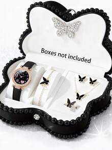 6/5件套优雅女孩精致时尚烟花心形图案表盘石英表，适合女孩佩戴，可搭配蝴蝶首饰项链、手链、戒指、耳环套装，适合作为女孩的生日/节日礼物，也适合日常生活，例如圣诞节礼物、返校季、派对等。毕业季、情人节、圣诞节，是送给女孩的完美礼物。