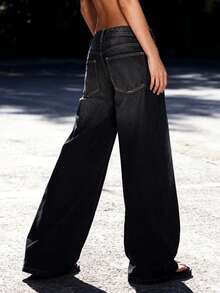 Womens Baggy Jeans Low Rise Wide Leg Denim Pants With Pockets Casual Long Trousers For Daily Office - Màu xám đen - Xem 3