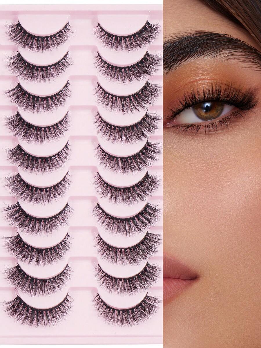 MAGEFY 10对自然交叉全覆盖假睫毛，附赠粉色托盘，蓬松柔软，适合日常佩戴，卡通风格，旅行必备，10-18毫米 - 黑色 - 查看 1