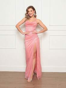 Long Party Dress With Corset, High Slit, And Draped Neckline. - Rusty Rose - View 5